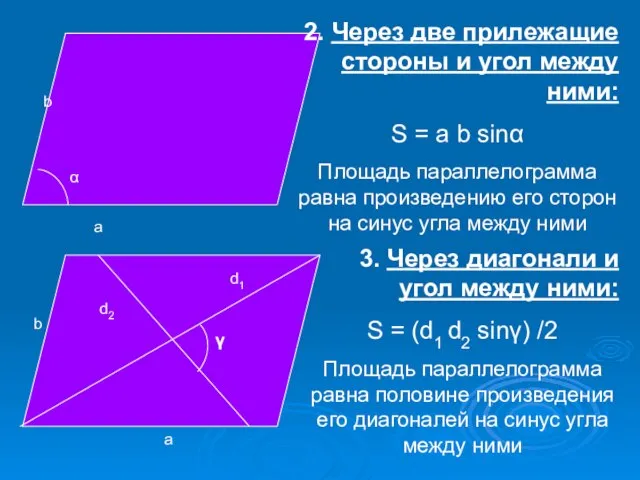 a b 2. Через две прилежащие стороны и угол между ними: S