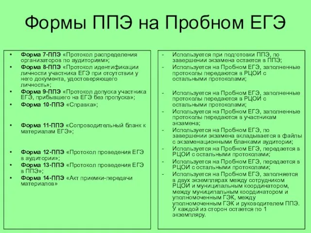 Формы ППЭ на Пробном ЕГЭ Форма 7-ППЭ «Протокол распределения организаторов по аудиториям»;