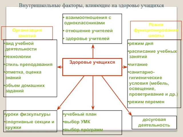 Внутришкольные факторы, влияющие на здоровье учащихся Здоровье учащихся