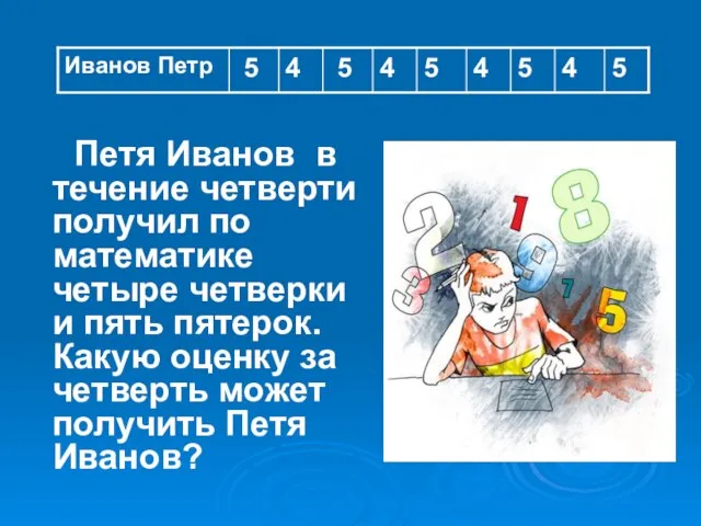 Петя Иванов в течение четверти получил по математике четыре четверки и пять