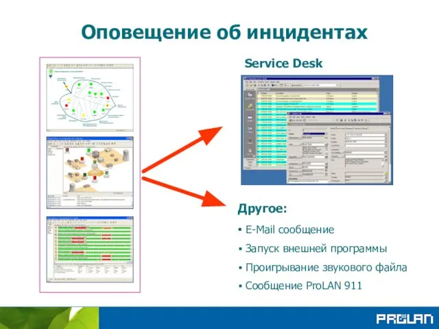 Service Desk Оповещение об инцидентах Другое: E-Mail сообщение Запуск внешней программы Проигрывание