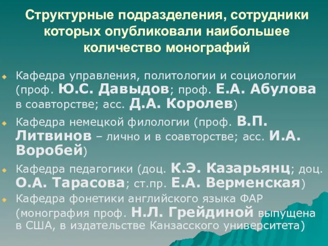 Структурные подразделения, сотрудники которых опубликовали наибольшее количество монографий Кафедра управления, политологии и