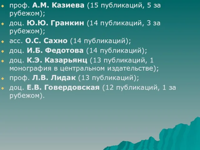 проф. А.М. Казиева (15 публикаций, 5 за рубежом); доц. Ю.Ю. Гранкин (14