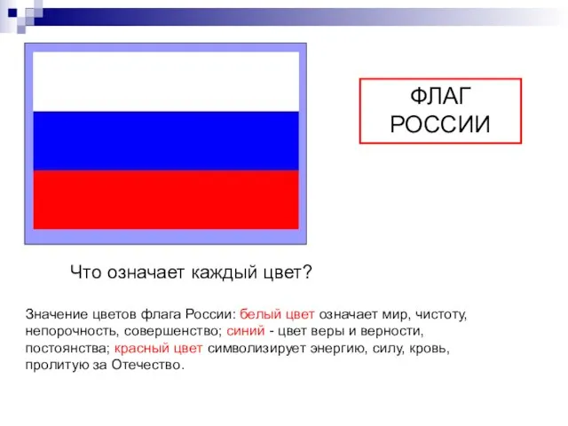 ФЛАГ РОССИИ Что означает каждый цвет? Значение цветов флага России: белый цвет