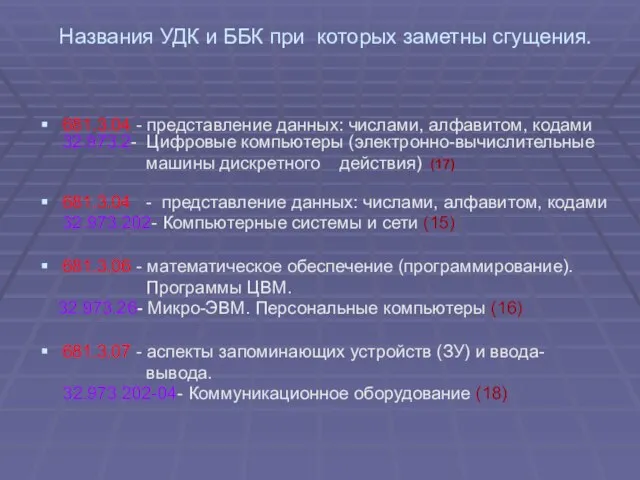 Названия УДК и ББК при которых заметны сгущения. 681.3.04 - представление данных: