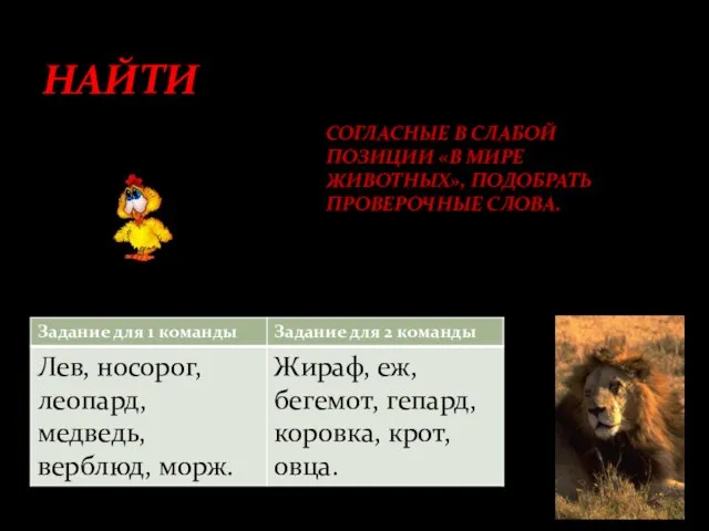 СОГЛАСНЫЕ В СЛАБОЙ ПОЗИЦИИ «В МИРЕ ЖИВОТНЫХ», ПОДОБРАТЬ ПРОВЕРОЧНЫЕ СЛОВА. НАЙТИ