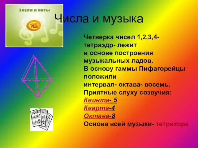 Числа и музыка Четверка чисел 1,2,3,4- тетраэдр- лежит в основе построения музыкальных