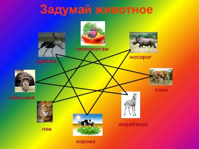 Задумай животное цапля гиппопотам носорог слон жеребенок корова лев обезьяна