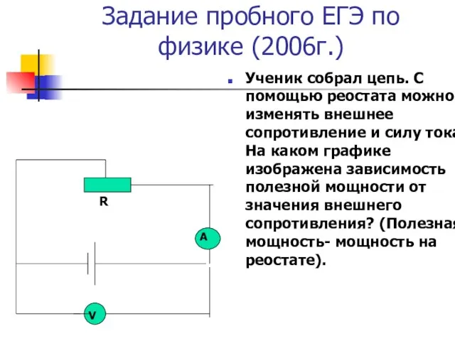 Задание пробного ЕГЭ по физике (2006г.) Ученик собрал цепь. С помощью реостата