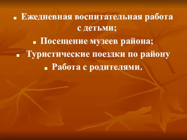 Ежедневная воспитательная работа с детьми; Посещение музеев района; Туристические поездки по району Работа с родителями.