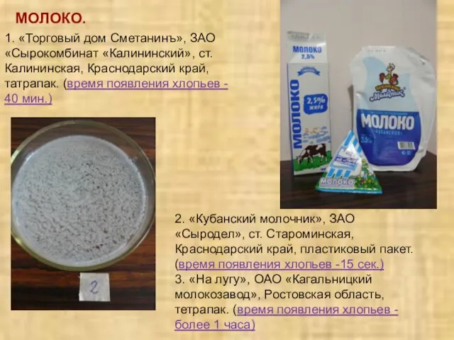 МОЛОКО. 1. «Торговый дом Сметанинъ», ЗАО «Сырокомбинат «Калининский», ст. Калининская, Краснодарский край,