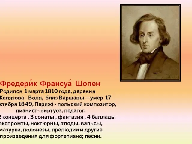 Фредери́к Франсуа́ Шопен Родился 1 марта 1810 года, деревня Желязова - Воля,