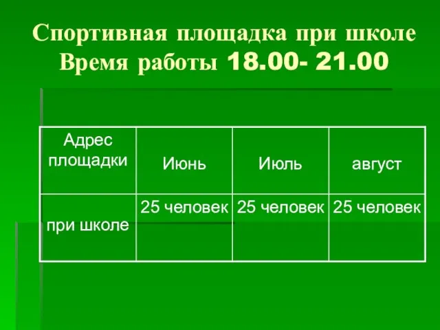 Спортивная площадка при школе Время работы 18.00- 21.00