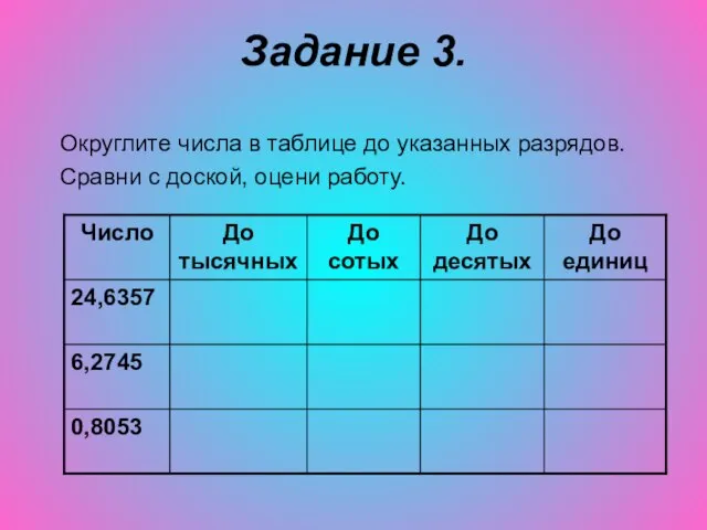 Задание 3. Округлите числа в таблице до указанных разрядов. Сравни с доской, оцени работу.