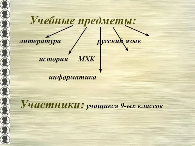 Участники: учащиеся 9-ых классов Учебные предметы: литература русский язык история МХК информатика