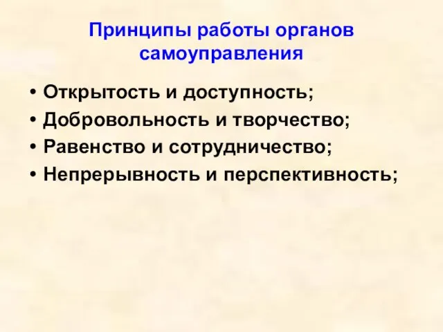 Принципы работы органов самоуправления Открытость и доступность; Добровольность и творчество; Равенство и сотрудничество; Непрерывность и перспективность;