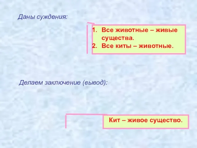 Даны суждения: Все животные – живые существа. Все киты – животные. Делаем