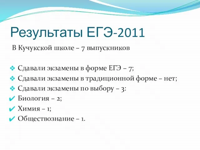 Результаты ЕГЭ-2011 В Кучукской школе – 7 выпускников Сдавали экзамены в форме