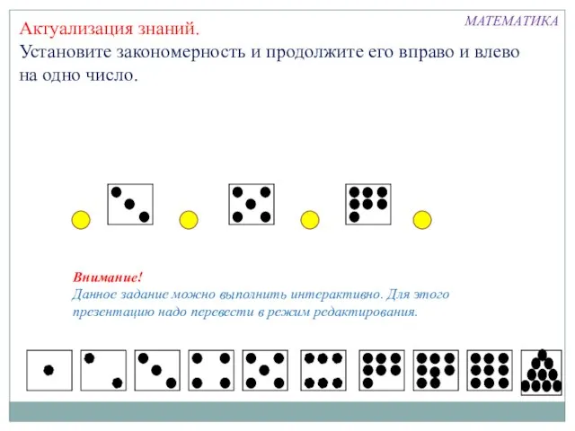 Актуализация знаний. Установите закономерность и продолжите его вправо и влево на одно