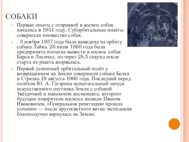 СОБАКИ Первые опыты с отправкой в космос собак начались в 1951 году.