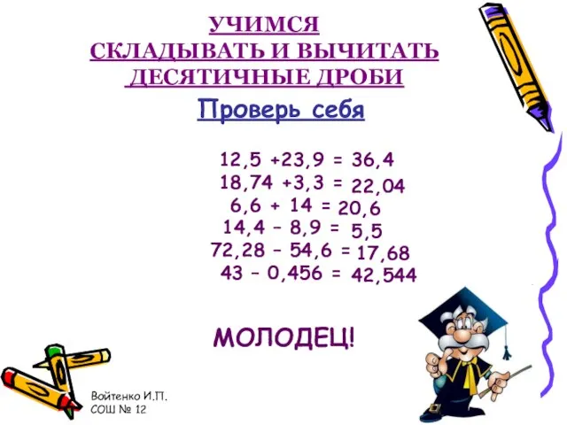 Войтенко И.П. СОШ № 12 УЧИМСЯ СКЛАДЫВАТЬ И ВЫЧИТАТЬ ДЕСЯТИЧНЫЕ ДРОБИ Проверь