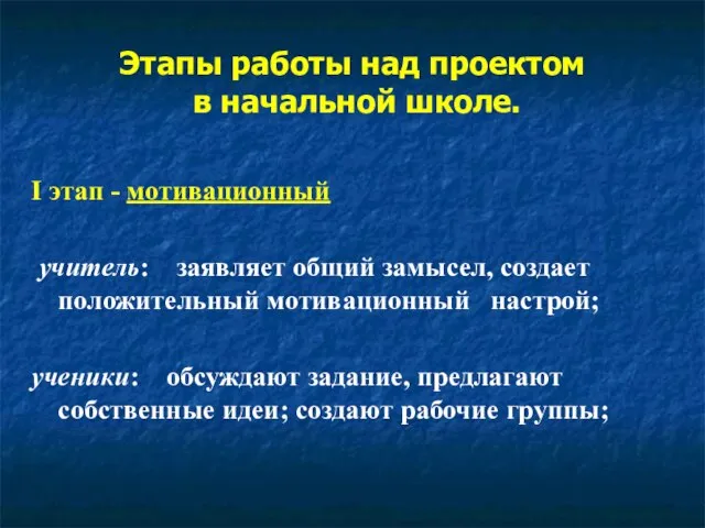 Этапы работы над проектом в начальной школе. I этап - мотивационный учитель: