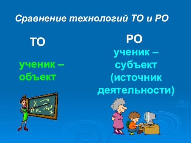 Сравнение технологий ТО и РО ТО РО ученик – объект ученик – субъект (источник деятельности)