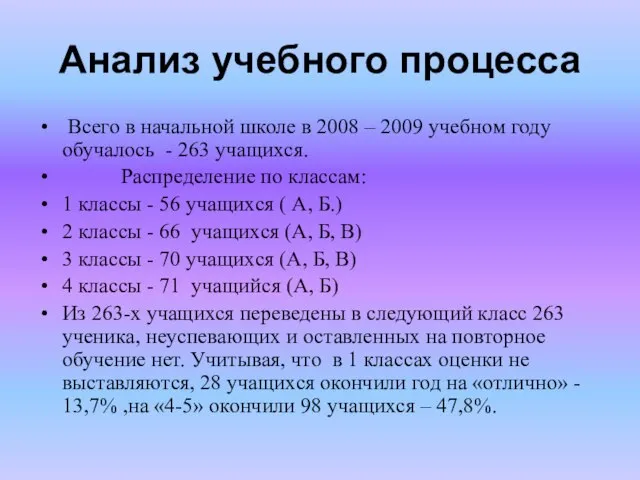 Анализ учебного процесса Всего в начальной школе в 2008 – 2009 учебном