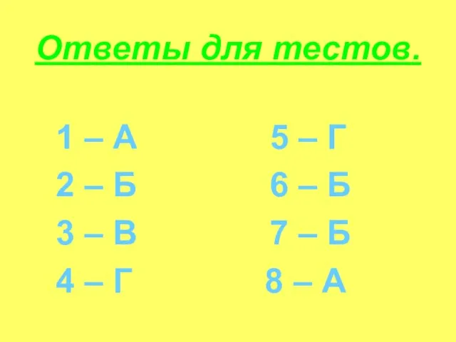 Ответы для тестов. 1 – А 5 – Г 2 – Б