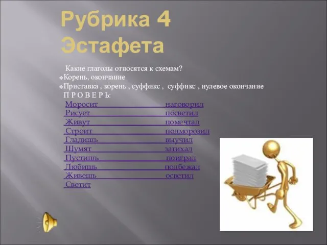 Рубрика 4 Эстафета Какие глаголы относятся к схемам? Корень, окончание Приставка ,