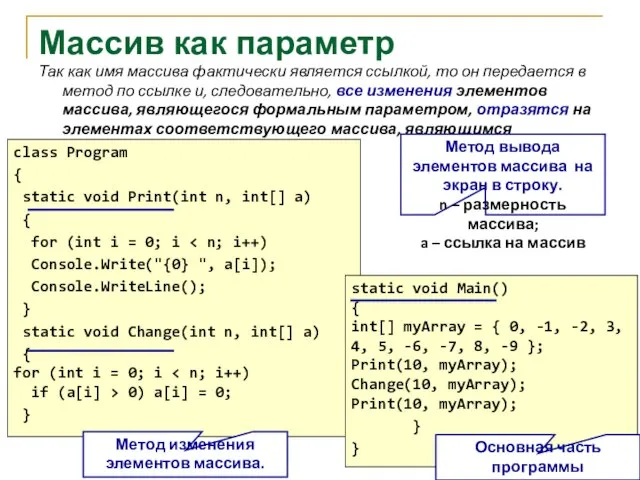 Массив как параметр Так как имя массива фактически является ссылкой, то он