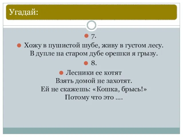 7. Хожу в пушистой шубе, живу в густом лесу. В дупле на