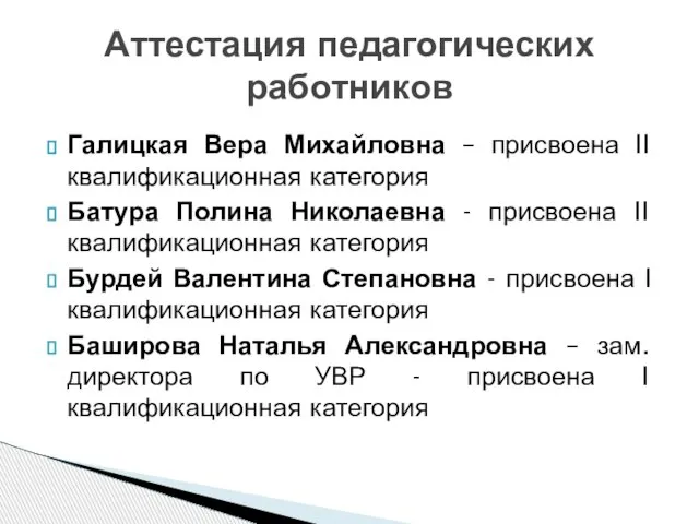 Галицкая Вера Михайловна – присвоена II квалификационная категория Батура Полина Николаевна -