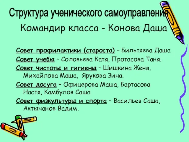 Командир класса - Конова Даша Совет профилактики (староста) – Бильтяева Даша Совет