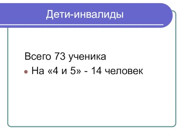 Дети-инвалиды Всего 73 ученика На «4 и 5» - 14 человек