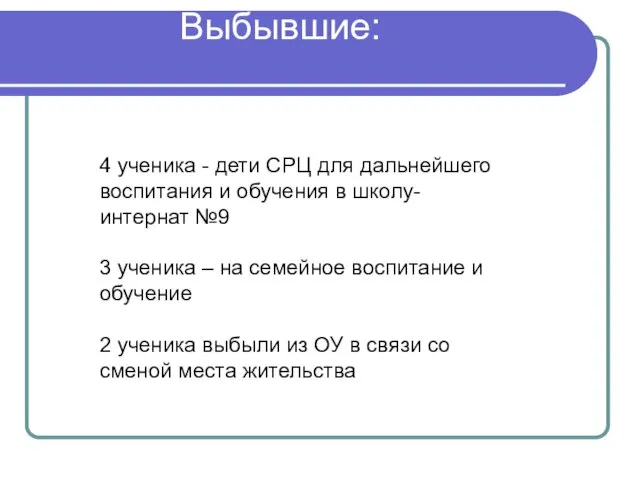 Выбывшие: 4 ученика - дети СРЦ для дальнейшего воспитания и обучения в