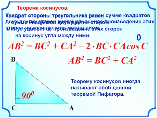 AB2 = Квадрат стороны треугольника равен сумме квадратов двух других сторон минус