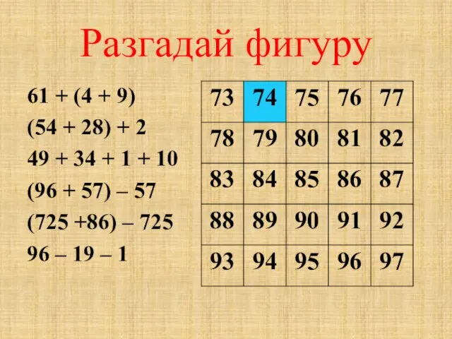 Разгадай фигуру 61 + (4 + 9) (54 + 28) + 2