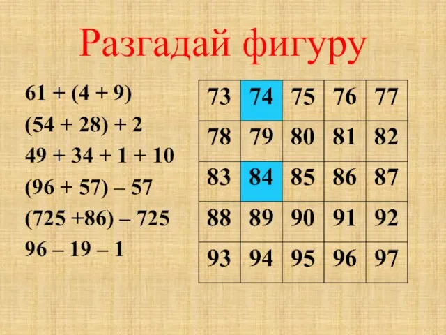 Разгадай фигуру 61 + (4 + 9) (54 + 28) + 2