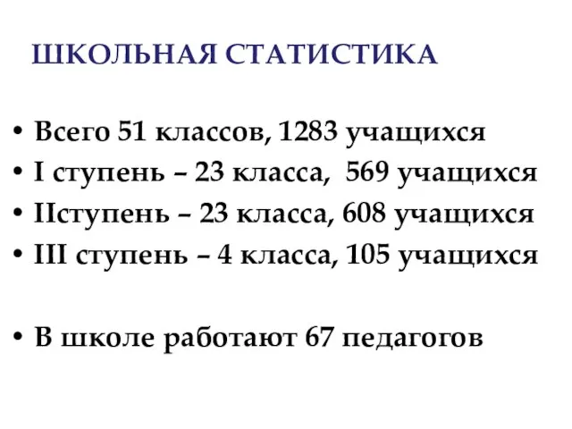 ШКОЛЬНАЯ СТАТИСТИКА Всего 51 классов, 1283 учащихся I ступень – 23 класса,