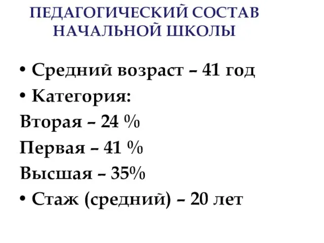 ПЕДАГОГИЧЕСКИЙ СОСТАВ НАЧАЛЬНОЙ ШКОЛЫ Средний возраст – 41 год Категория: Вторая –