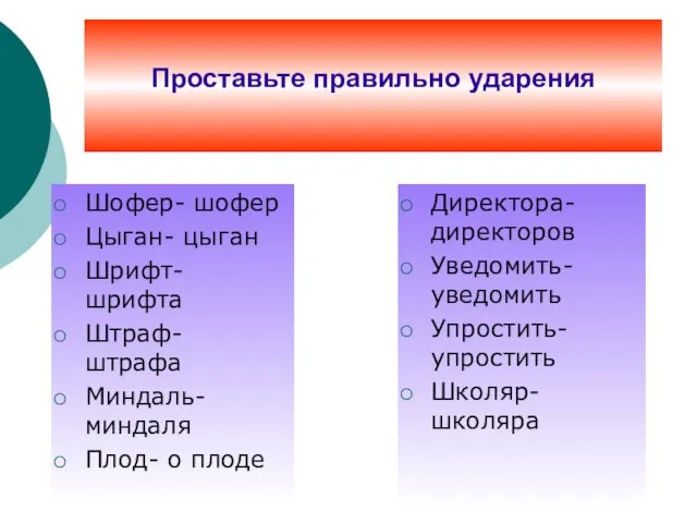 Проставьте правильно ударения Проставьте правильно ударения Шофер- шофер Цыган- цыган Шрифт- шрифта