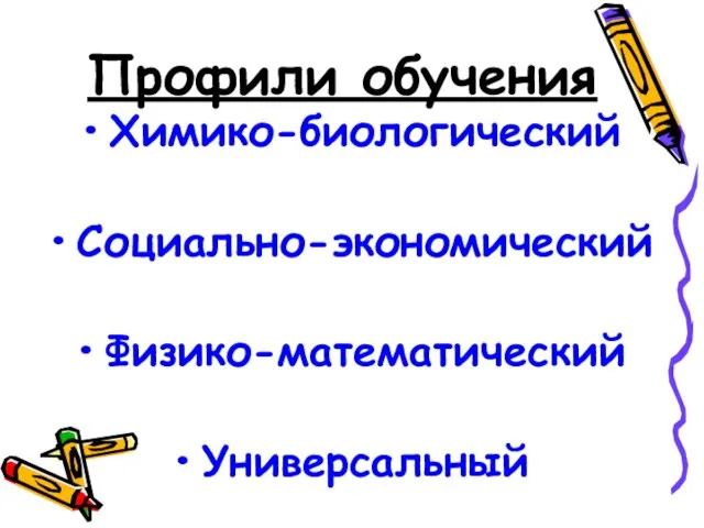 Профили обучения Химико-биологический Социально-экономический Физико-математический Универсальный