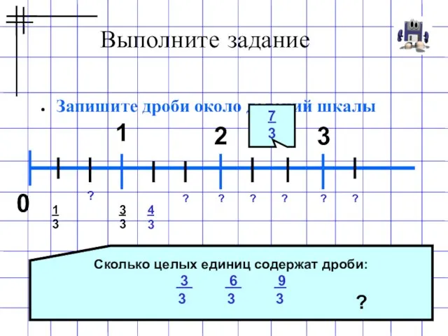 Выполните задание Запишите дроби около делений шкалы 0 1 2 3 1