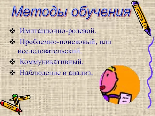 Имитационно-ролевой. Проблемно-поисковый, или исследовательский. Коммуникативный. Наблюдение и анализ. Методы обучения