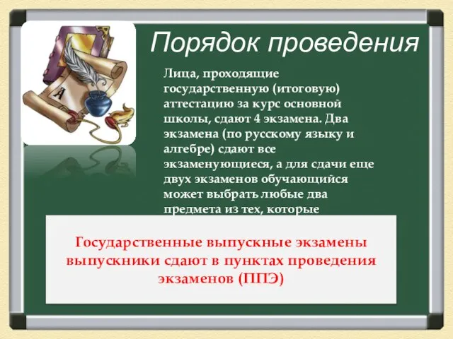 Порядок проведения Лица, проходящие государственную (итоговую) аттестацию за курс основной школы, сдают