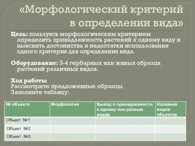 «Морфологический критерий в определении вида» Цель: пользуясь морфологическим критерием определить принадлежность растений