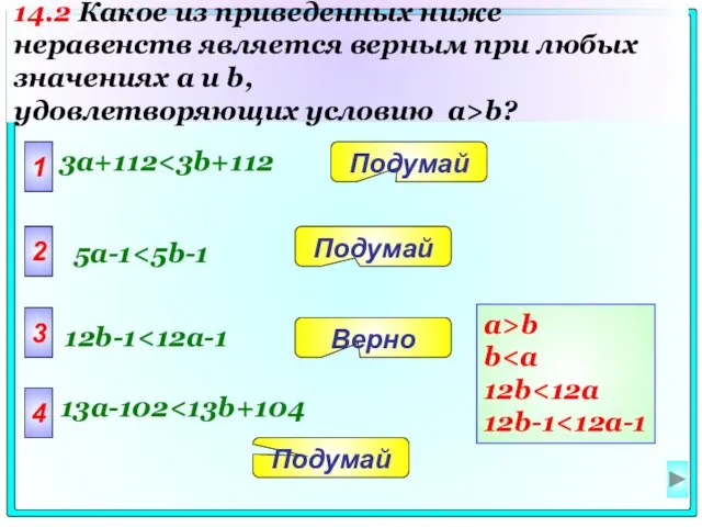 1 3a+112 2 3 4 Подумай Подумай Верно Подумай 5a-1 12b-1 13a-102