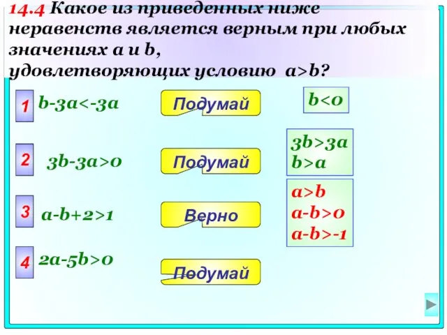 1 b-3a 2 3 4 Подумай Подумай Верно Подумай 3b-3a>0 a-b+2>1 2a-5b>0