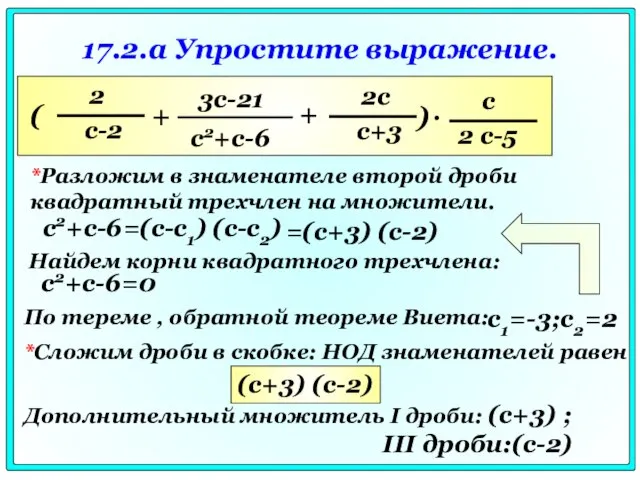 17.2.a Упростите выражение. *Разложим в знаменателе второй дроби квадратный трехчлен на множители.